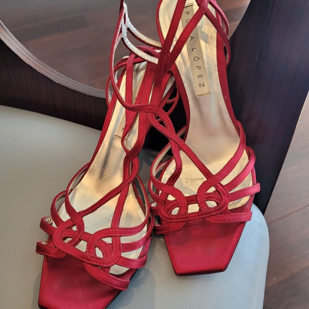 Purla Lopez red satin strappy heels (size 37)